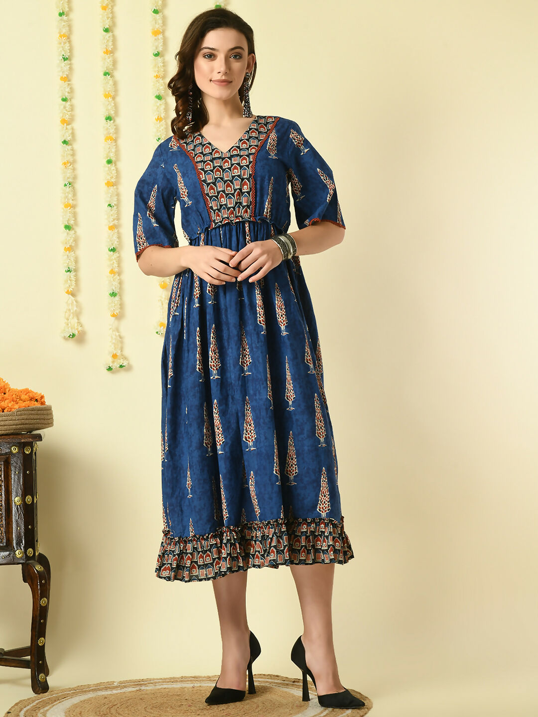 Myshka Women's Blue Printed Cotton Party Dress