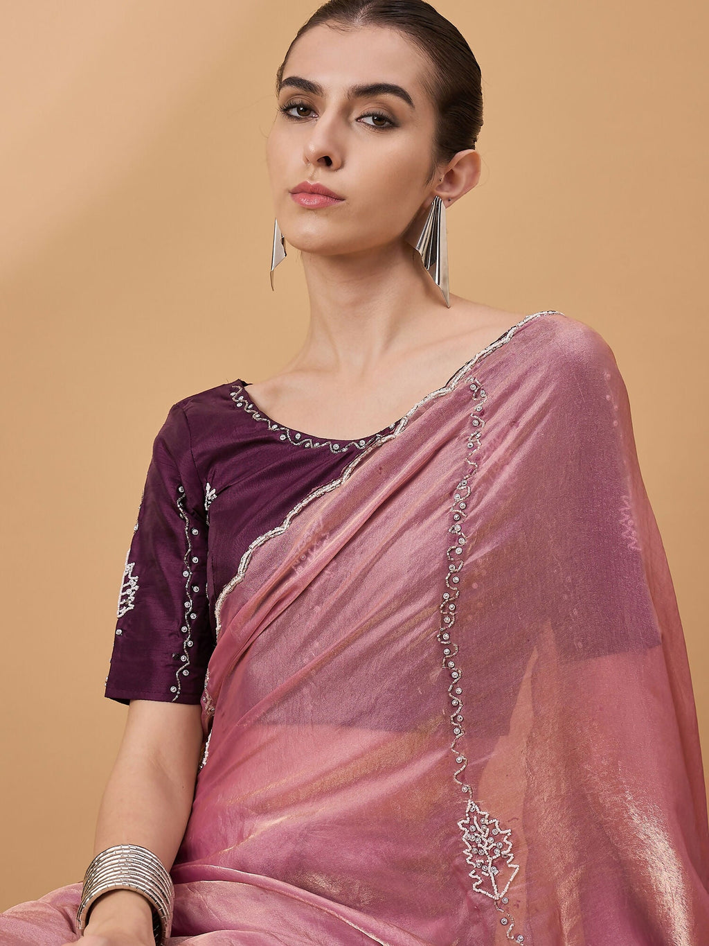 Pink Muslin Embroidered Saree with Unstitched Blouse Piece - Satya
