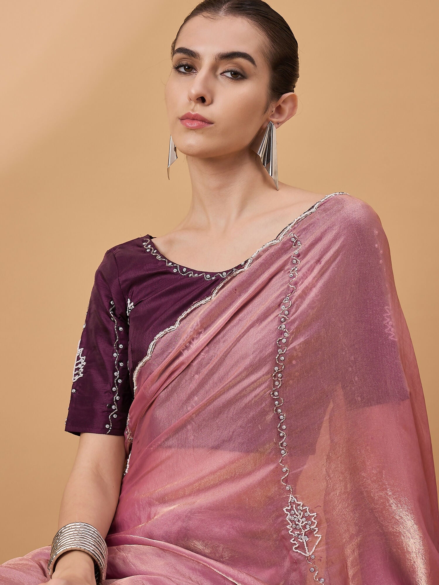 Pink Muslin Embroidered Saree with Unstitched Blouse Piece - Satya