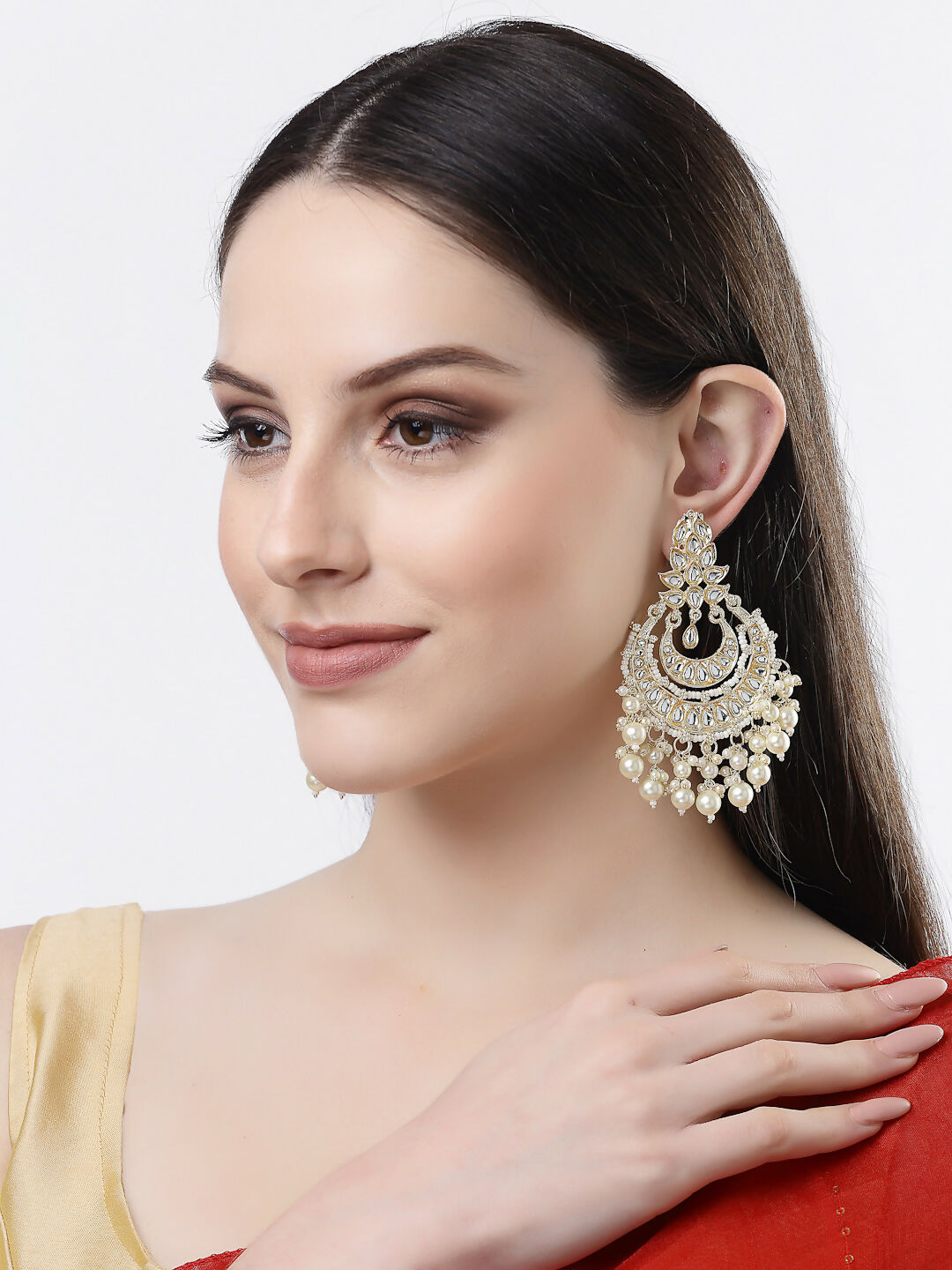 NVR Women Gold-Polished Kundan Chandbali Earrings