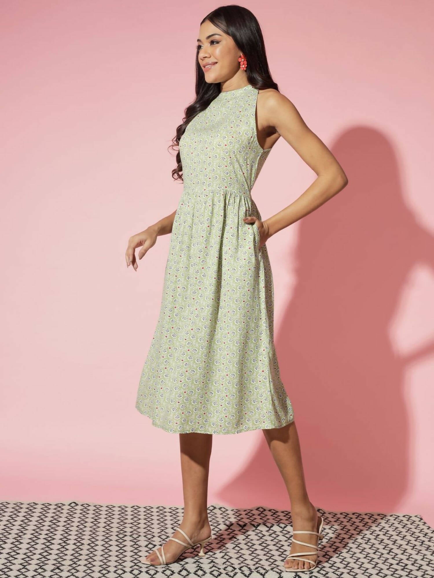 Myshka Women Ethnic Motifs Rayon A-Line Round Neck Green Dress