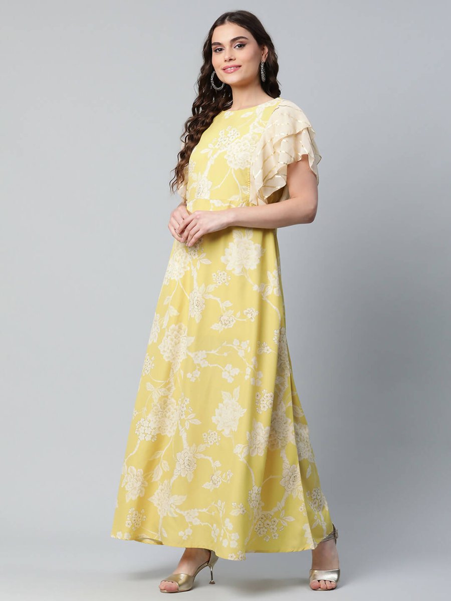 Ahalyaa Womens Lemon Yellow Crepe Floral Dress