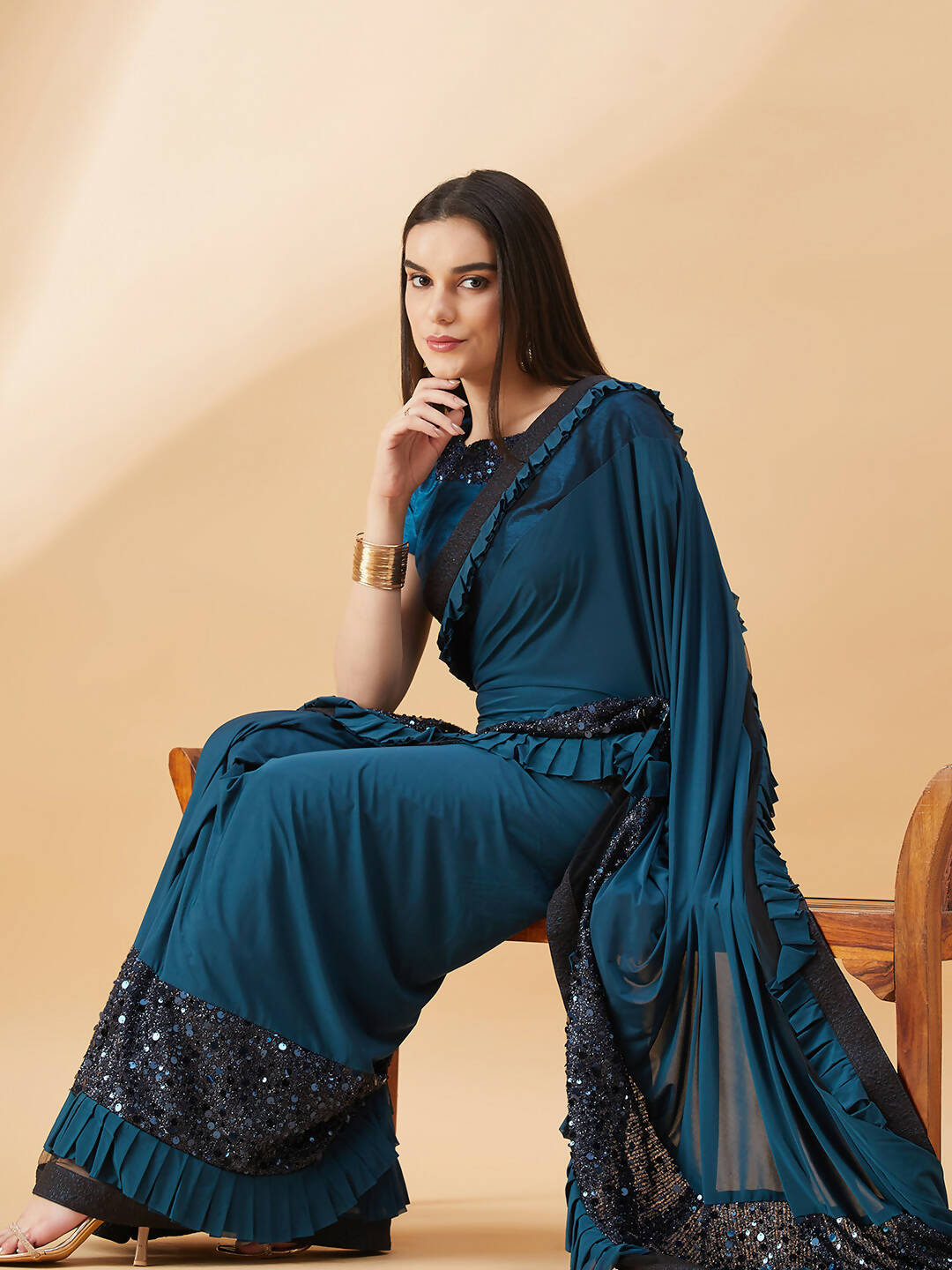 Peacock Blue Lycra Sequins Fabric. Frill Details, Handwork Buttis Saree - Norita Hit Design