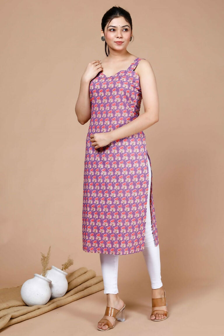 Miravan Women's Ethnic Motifs Printed Sweetheart Neck Shoulder Straps Cotton Straight Kurta