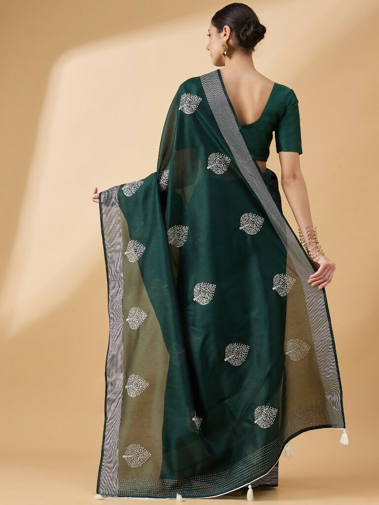 Green Cotton Blend Thread Embroidered Saree with Unstitched Blouse - Satya