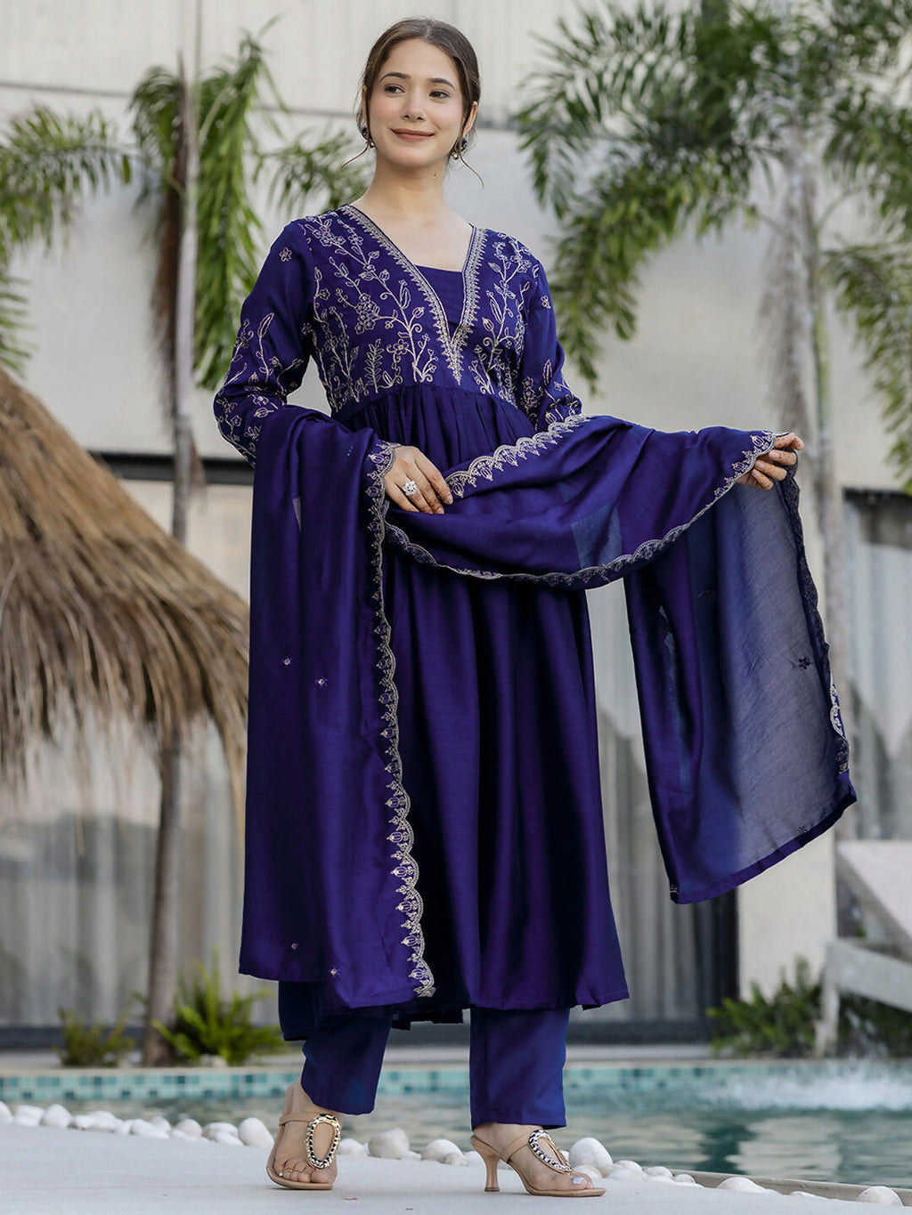 The52 Blue Women's Beautiful Embroidered Vichitra Silk Fabric with Flared Kurta, Pant and Dupatta Set