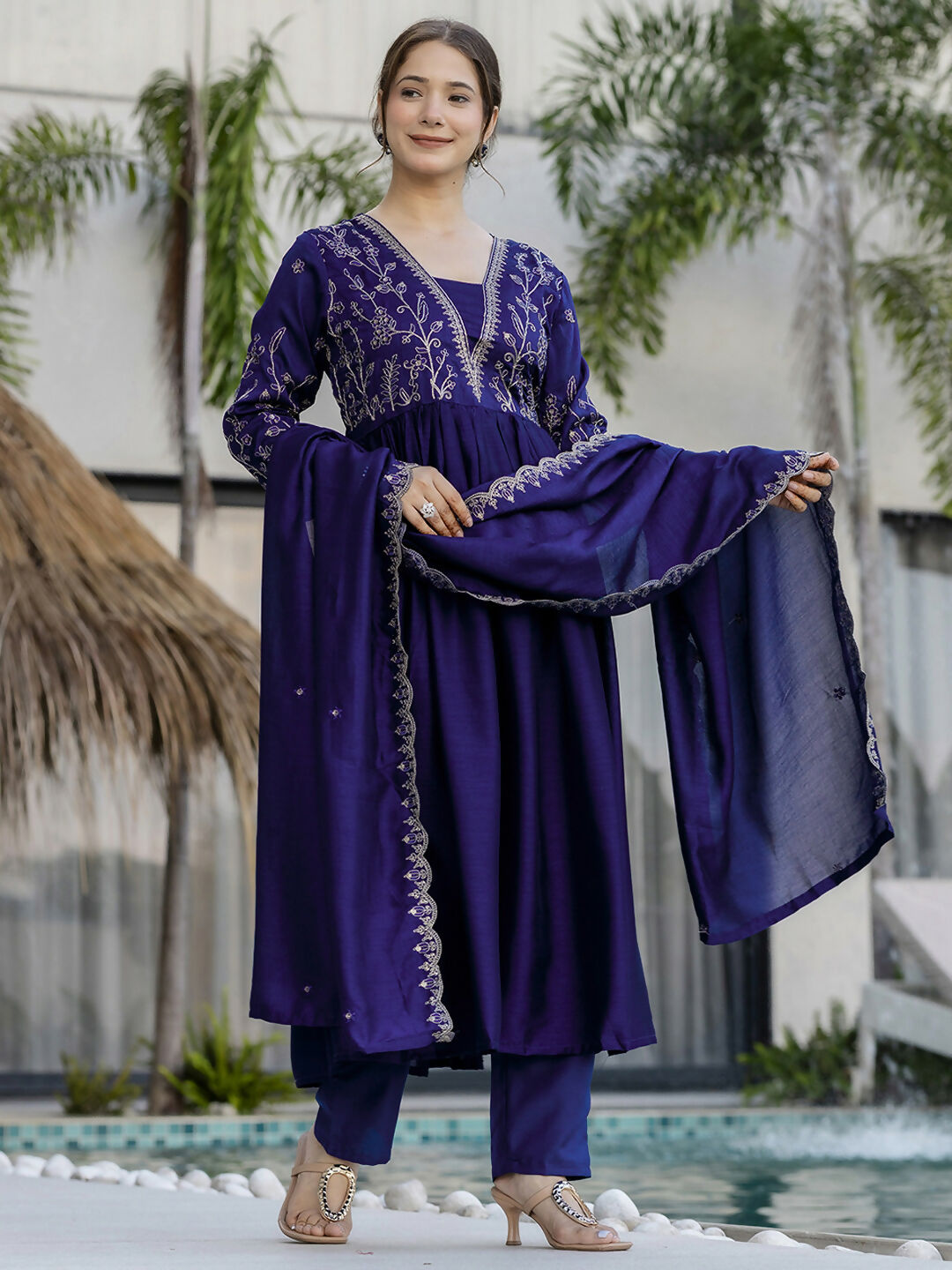 The52 Blue Women's Beautiful Embroidered Vichitra Silk Fabric with Flared Kurta, Pant and Dupatta Set
