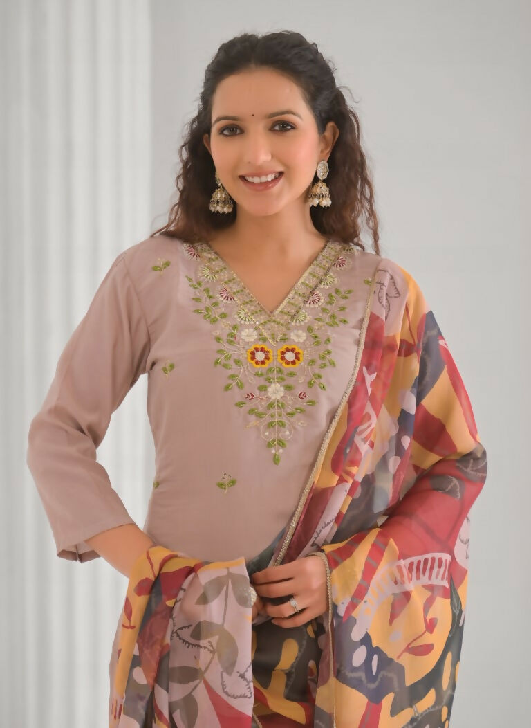 Ethnic Festive Wear Chanderi with Cotton Lining Beige Stitched Suit With Dupatta - Tanisha