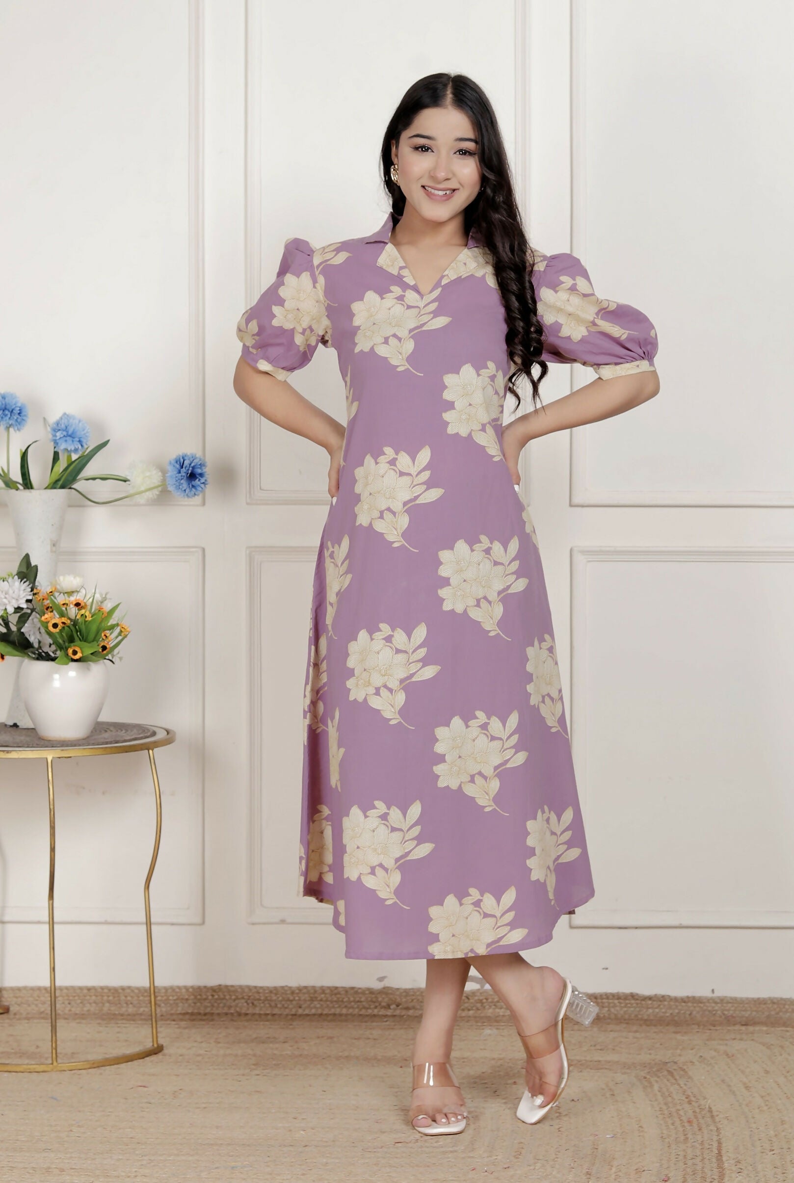 Miravan Womens Lavender Floral Printed A-Line Maxi Dress