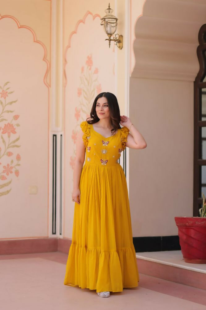 Vastranavya Yellow Faux Blooming With Sequins Multithreaded Beads Embroidered work Gown