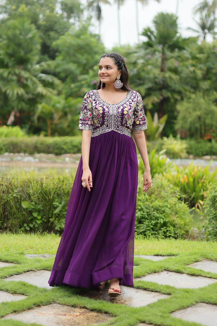Vastranavya Faux Blooming with Embroidery Zari Sequins-work Gown - Purple