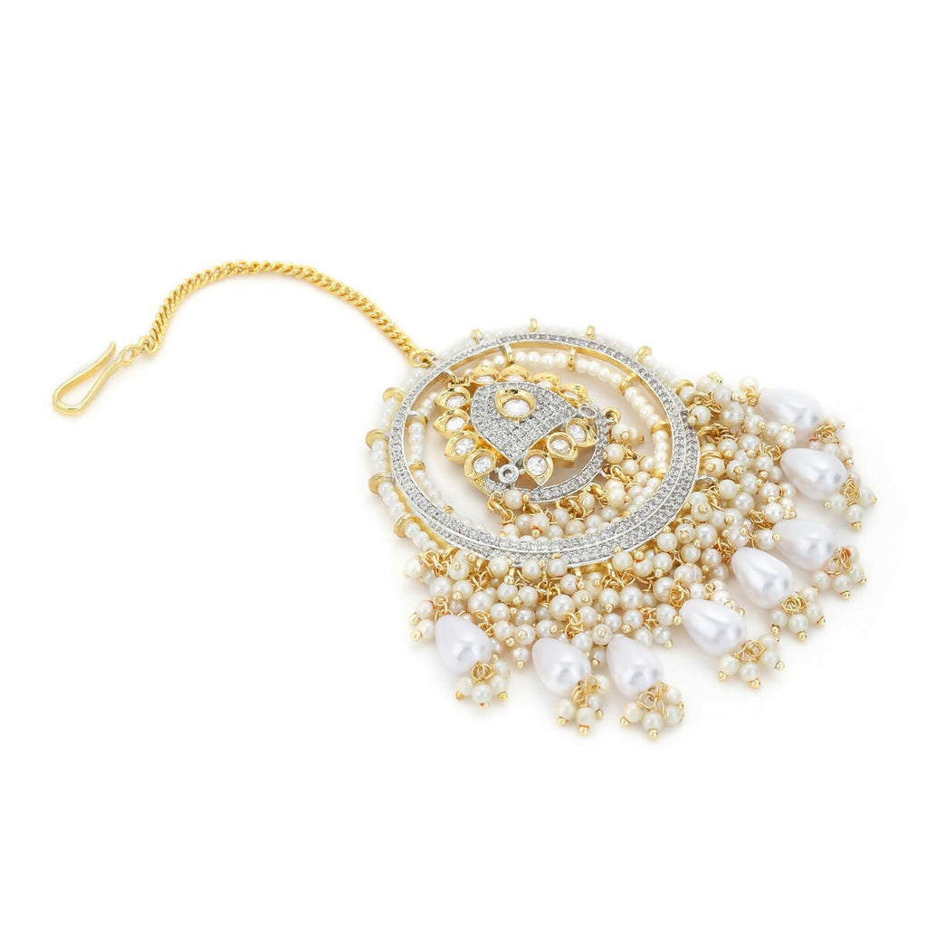 Kundan Chand Maang Tikka with Pearl Drops - Ruby Raang