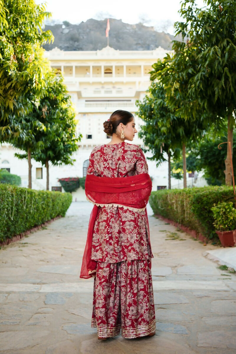 Vaasva Women Maroon Muslin Floral & Embroidered Cut Work Kurta ,Sharara & Dupatta set