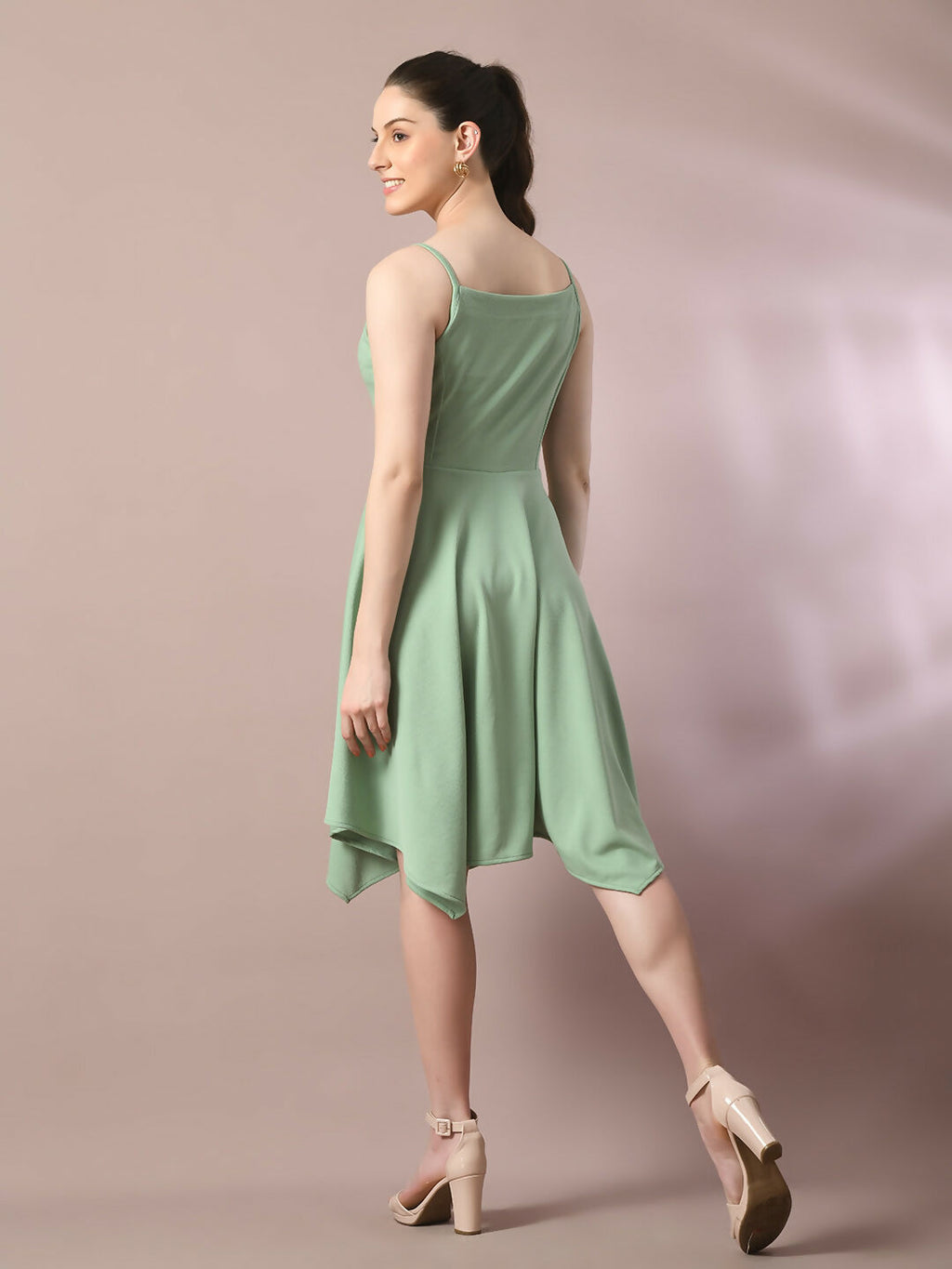 Myshka Women's Sea Green Solid Shoulder Straps Fit and Flare Party Dress
