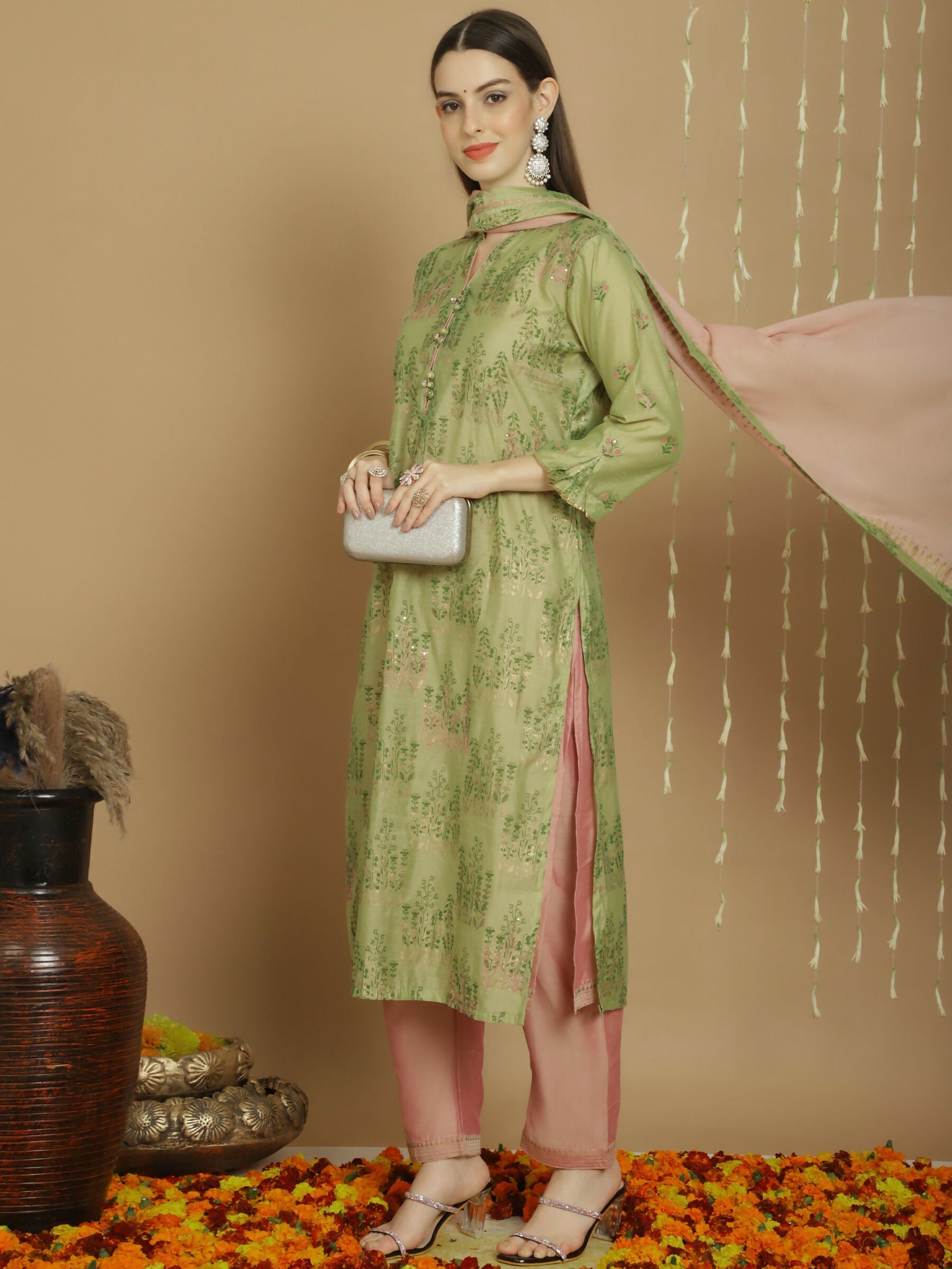 Jyoti Fashion Women's Green Chanderi Silk Elegant Jardoshi Semi Kurta with Trouser & Dupatta