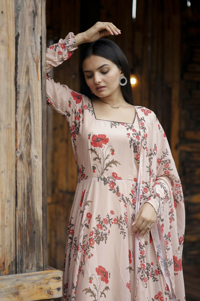 Jyoti Fashion Women's Cream Faux Georgette Floral Digital Printed Anarkali Dress with Dupatta