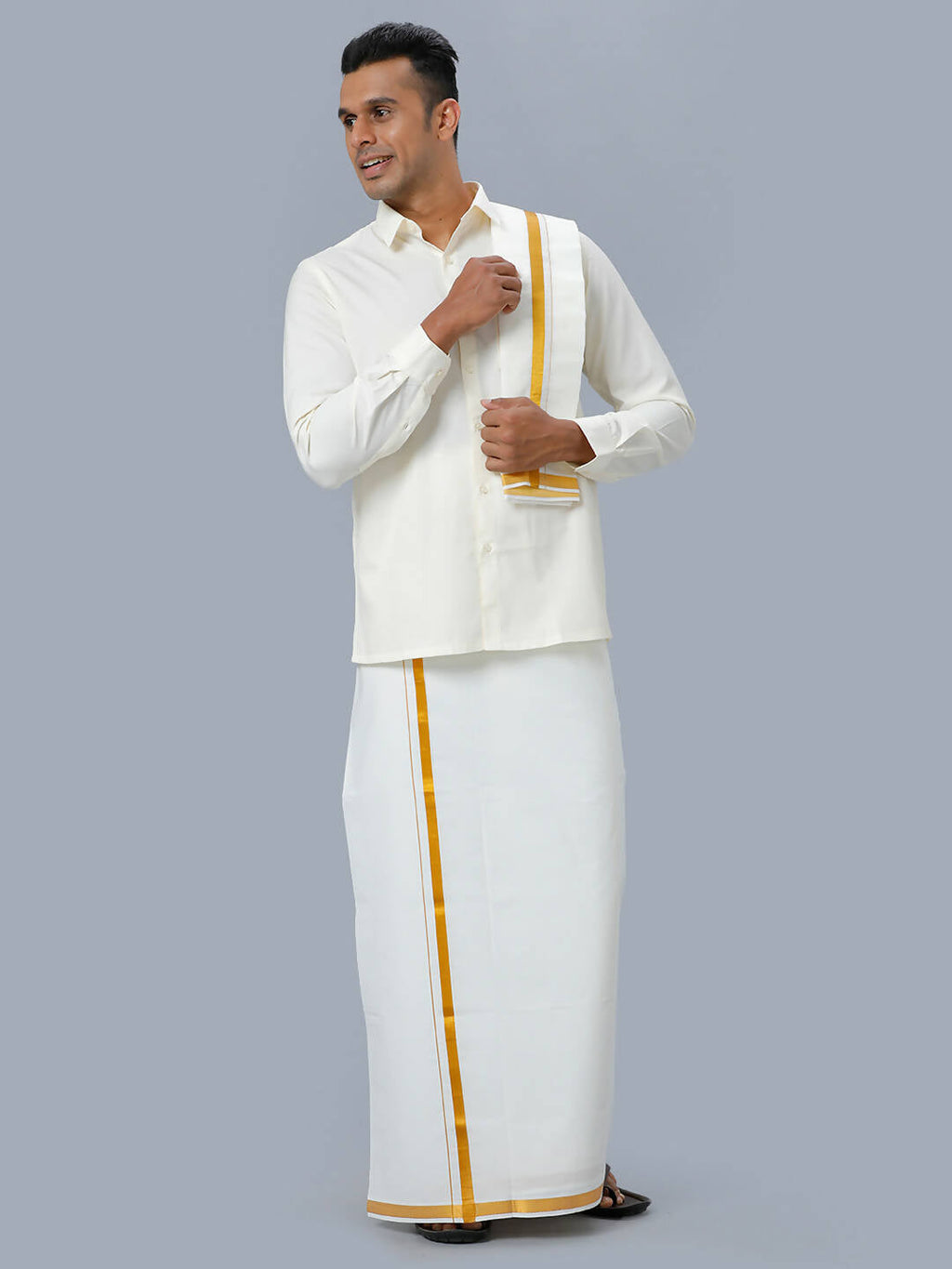 Ramraj Cotton Mens Wedding Set Cream Regular Dhoti, Shirt & Towel
