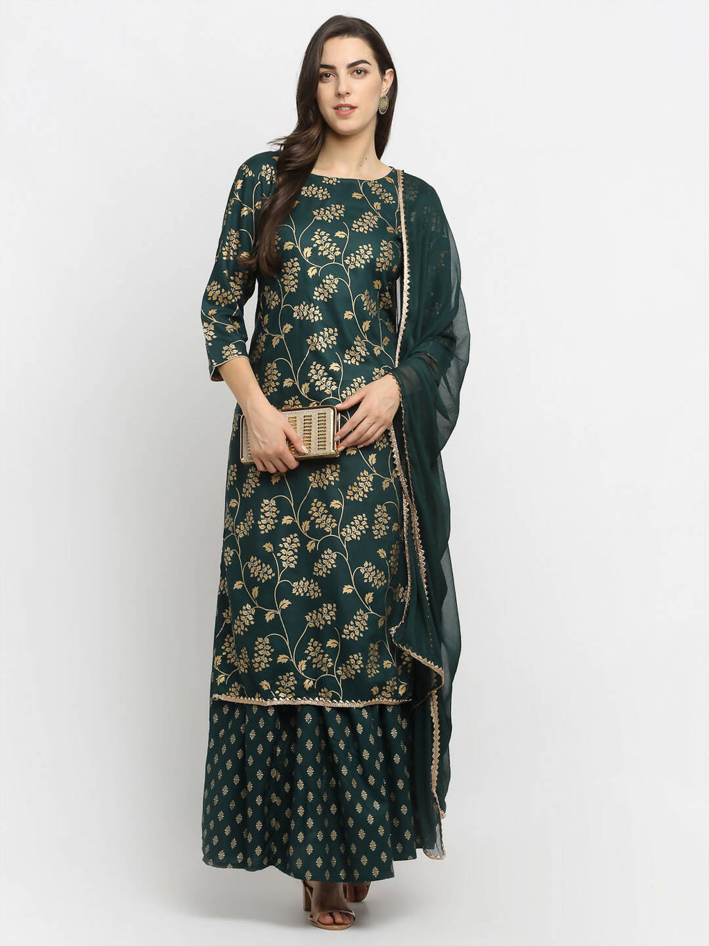 Rudra Bazaar Green Gold Printed Straight Kurta with Gold Printed Skirt & Dupatta