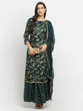 Rudra Bazaar Green Gold Printed Straight Kurta with Gold Printed Skirt & Dupatta
