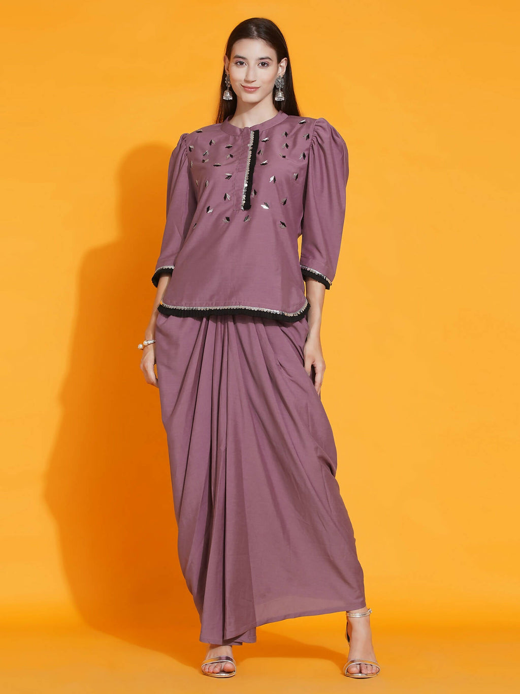 Women Republic Mauve Hand Embellished Kurta With Dhoti