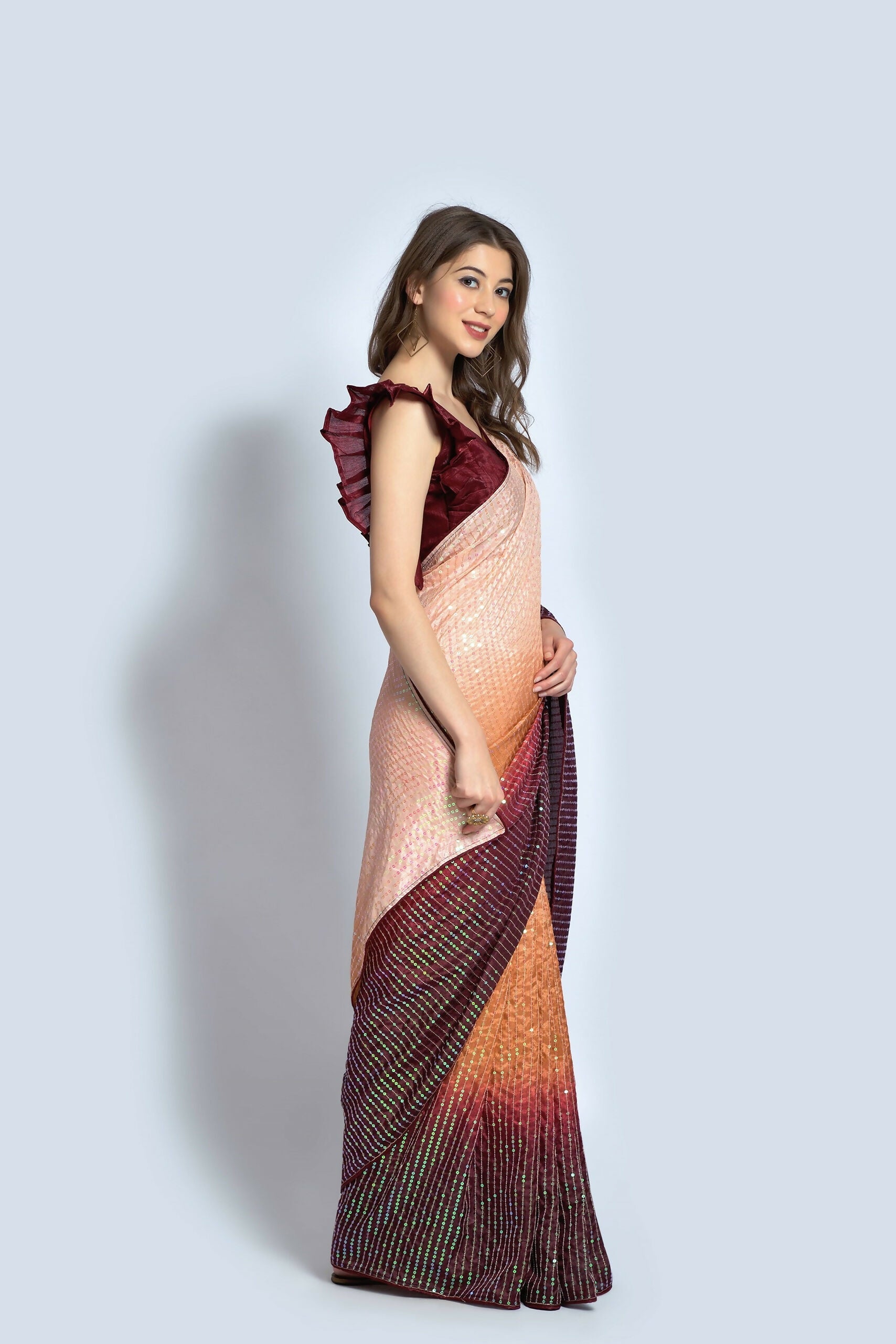 Vegaa Fashion Brown Vichitra Silk Embroidered Party Wear Saree