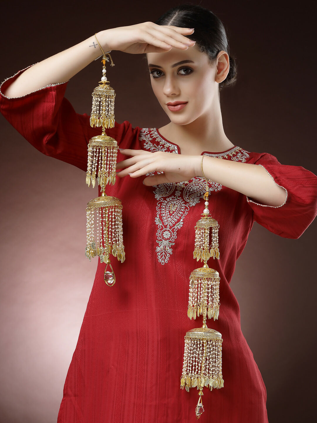 NVR Women's Pack Of 2 Gold-Polished & White Pearl Beaded Bridal Layered Heavy Kaleera Sets