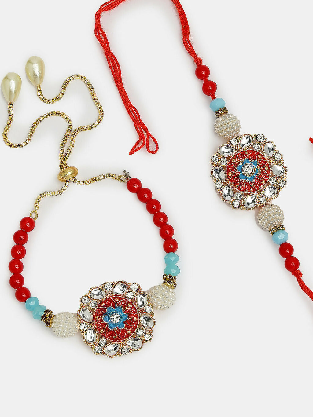 NVR Women & Men Set of 2 Red-colored Stone-Studded & Beaded Bhaiya Bhabhi Rakhi With Roli Chawal