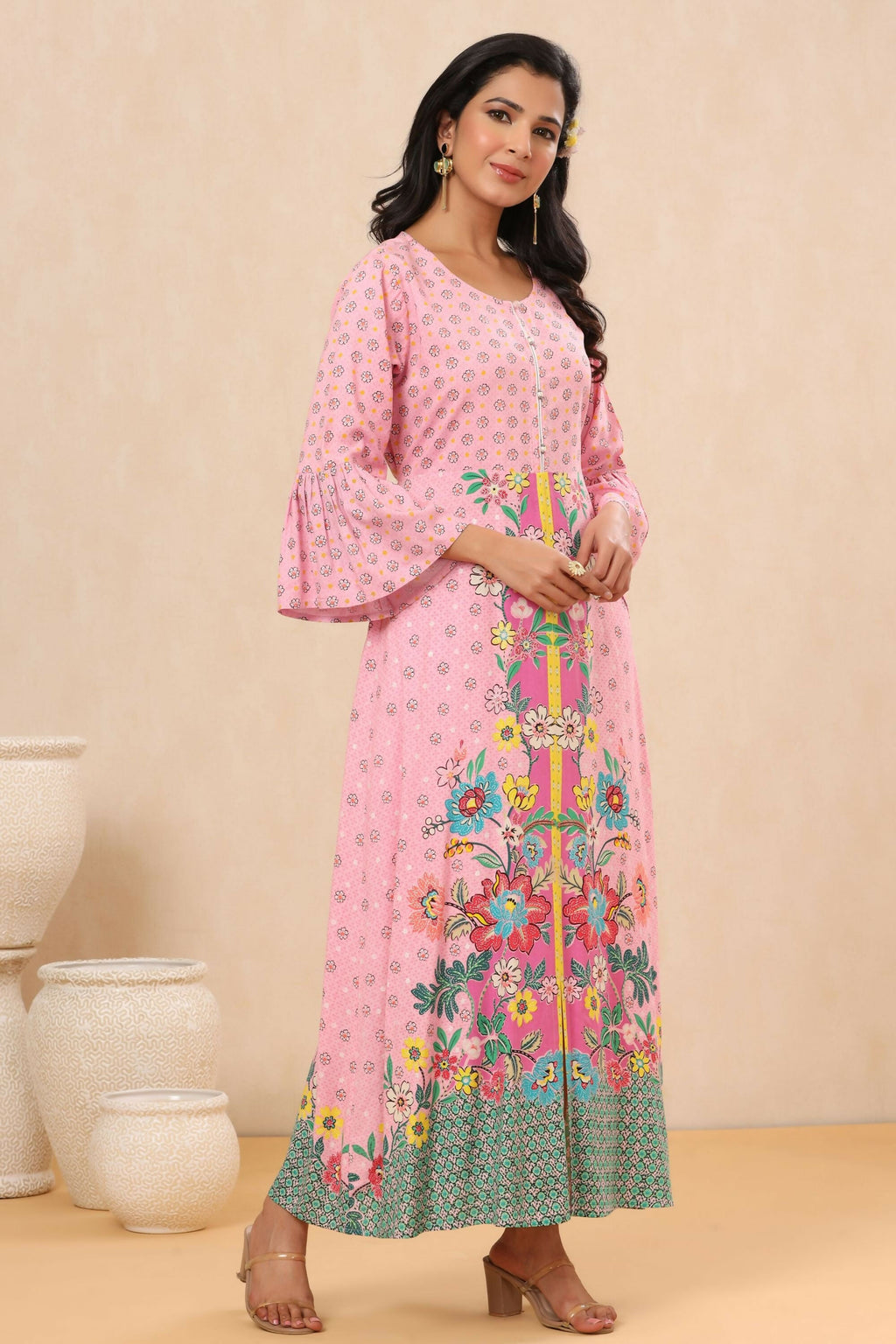 Juniper Pink Floral Printed Rayon Kurta With Buttons Closure At Back