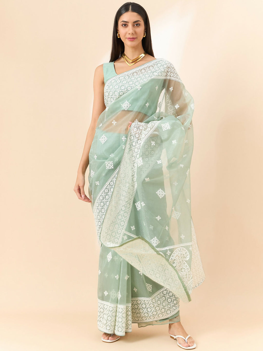 Green Organza Geometric Embroidered Saree with Unstitched Blouse Piece - Roozal