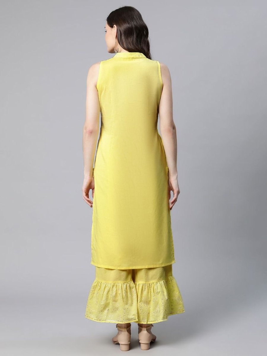 Ahalyaa Women Yellow Colour Pure Cotton Glitter Print Kurta Palazzo Set