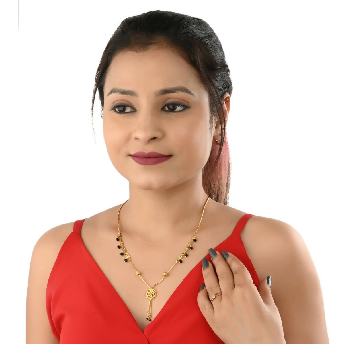 AanyaCentric Gold-Polished Short Mangalsutra Set with Earrings