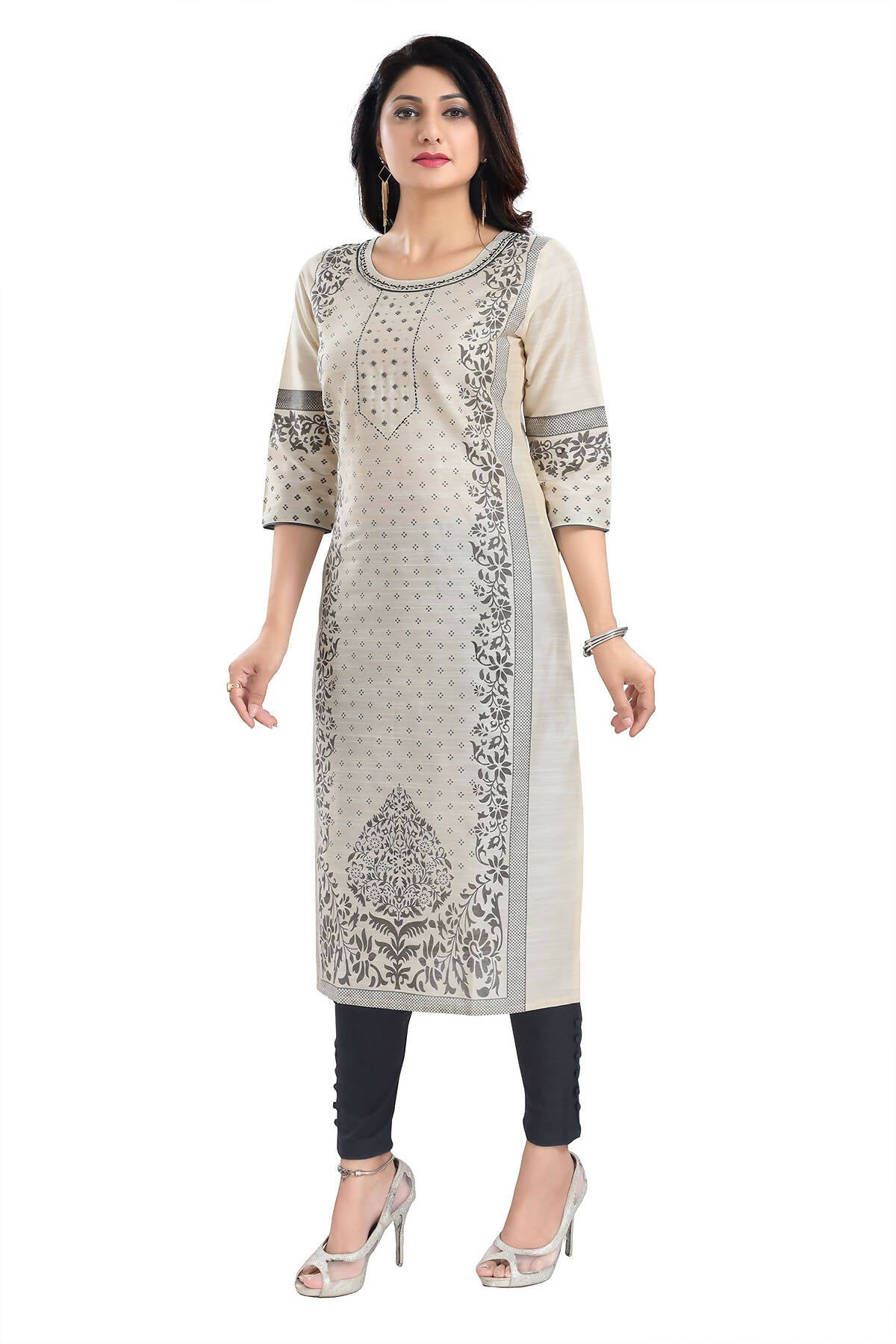 Snehal Creations Cream Raw Silk Block Print Long Kurta For Women