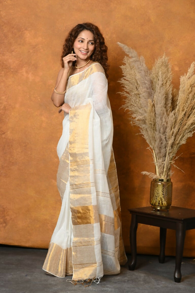 Very Much Indian Handloom Pure Cotton Linen Saree With Golden Border - White