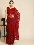 Maroon Woven Design Net Saree with Blouse Piece - Kalamkari