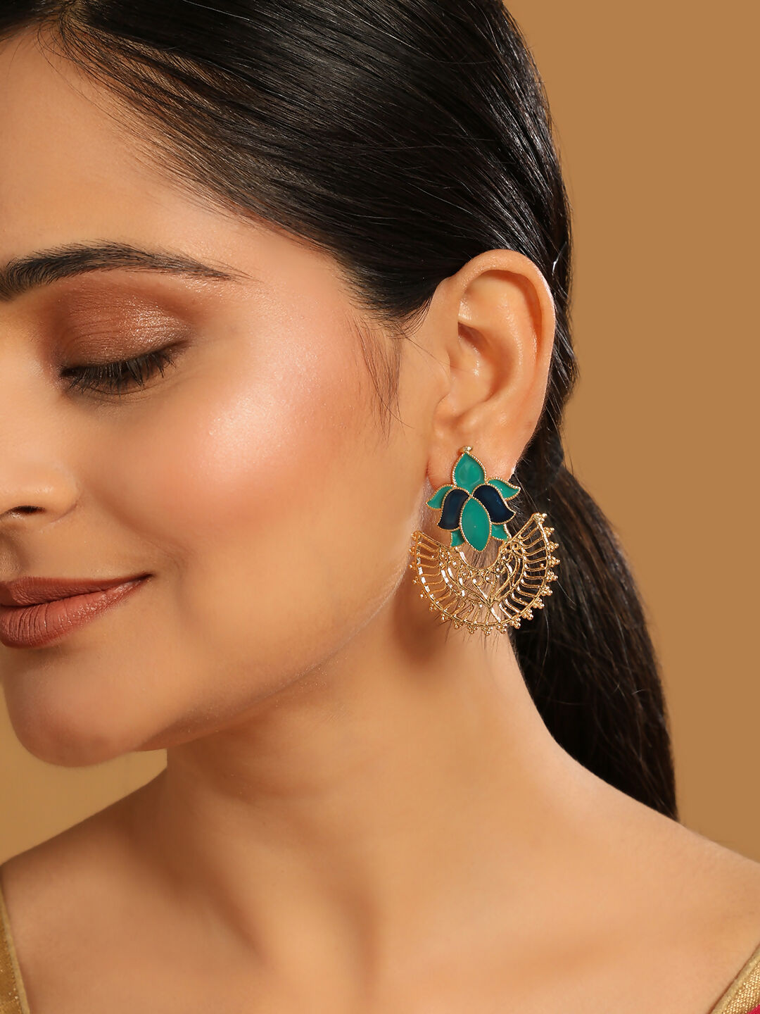 Nuyug 22K Gold Plated Turquoise Enamel Studded Indo-Western Floral Jali Statement Stud Earrings