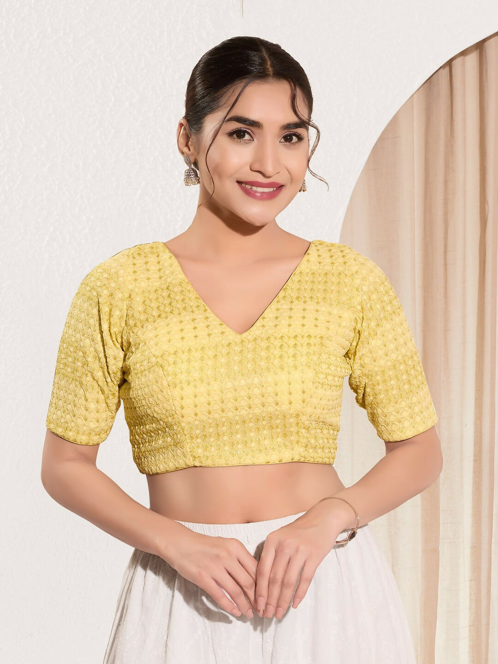 Joban Fashion Yellow Crochet Padded Blouse With V Neck Elbow Sleeves