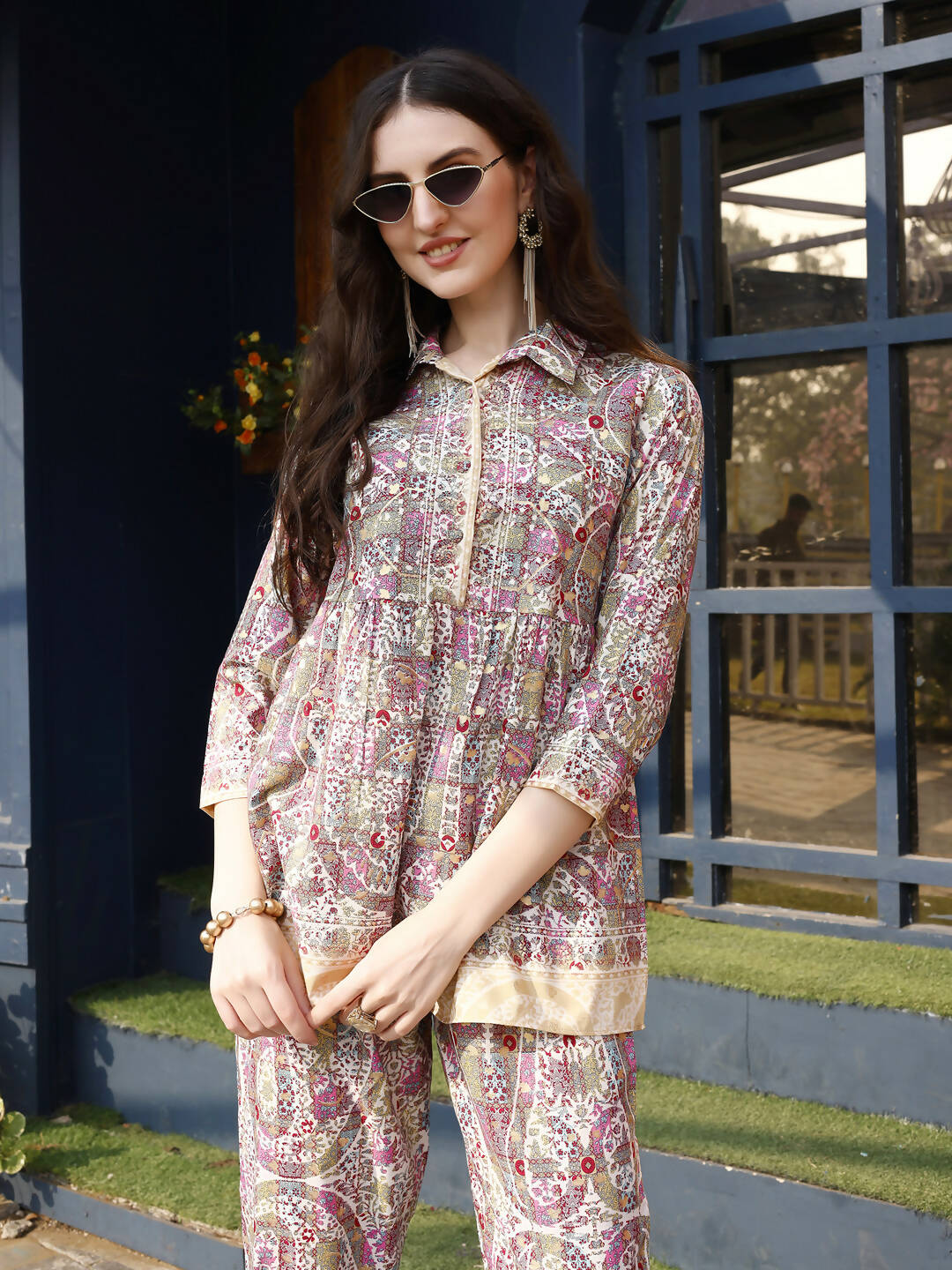 Pink & Beige Rayon Floral Printed Top with Matching Bottom - Eesha