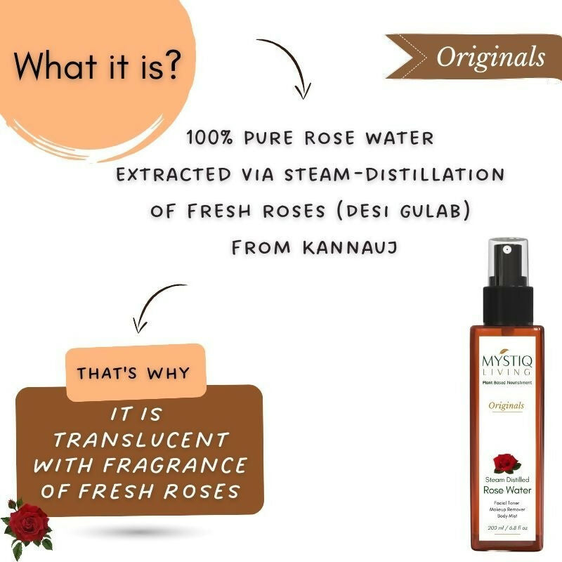 Mystiq Living Rose Water Pure & Natural Spray Face Toner, Gulab Jal For Skin & Hair