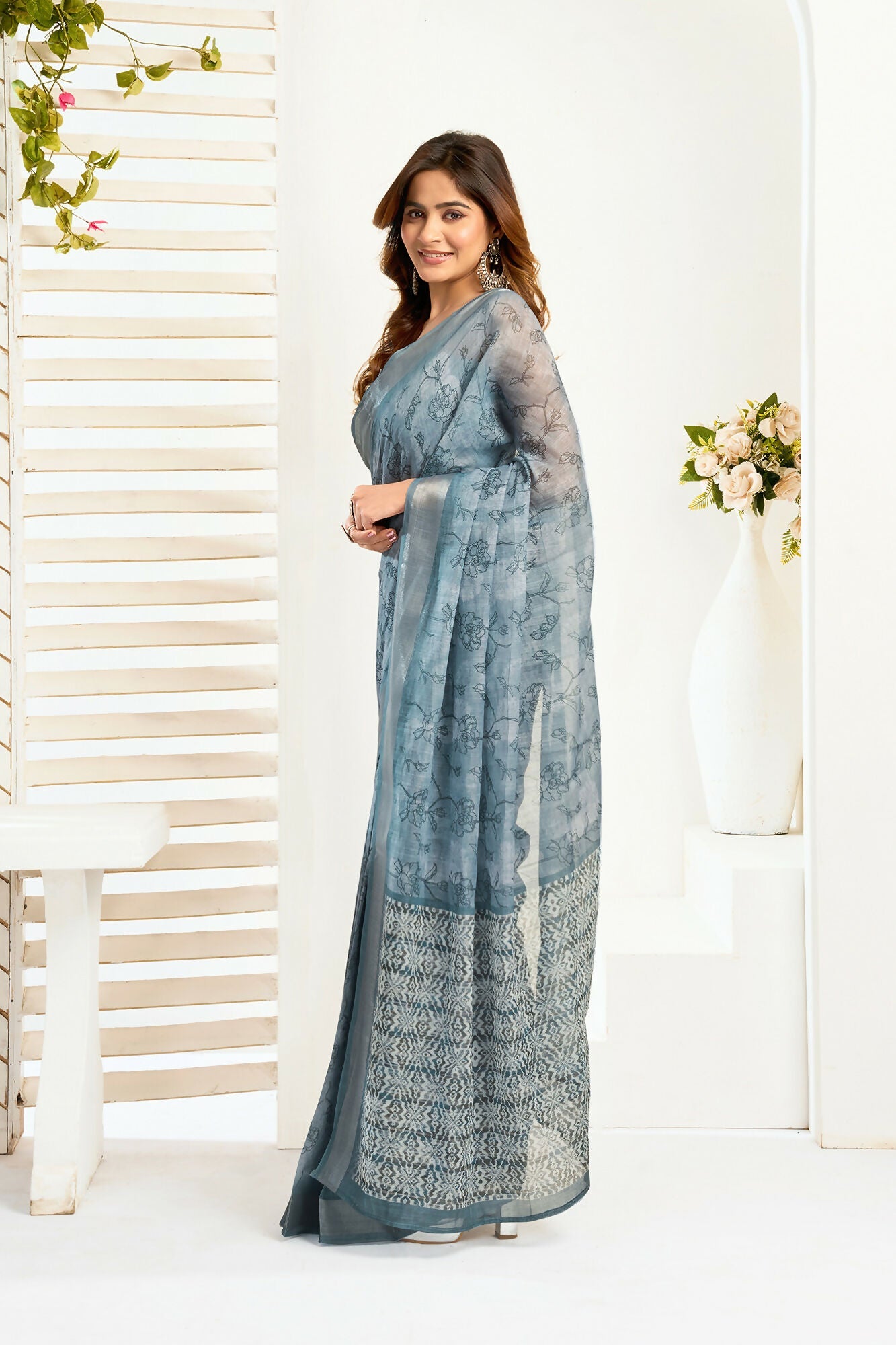Vastranavya Sea Blue Digital Printed Linen Ready To Wear Designer Saree with Unstitched Blouse