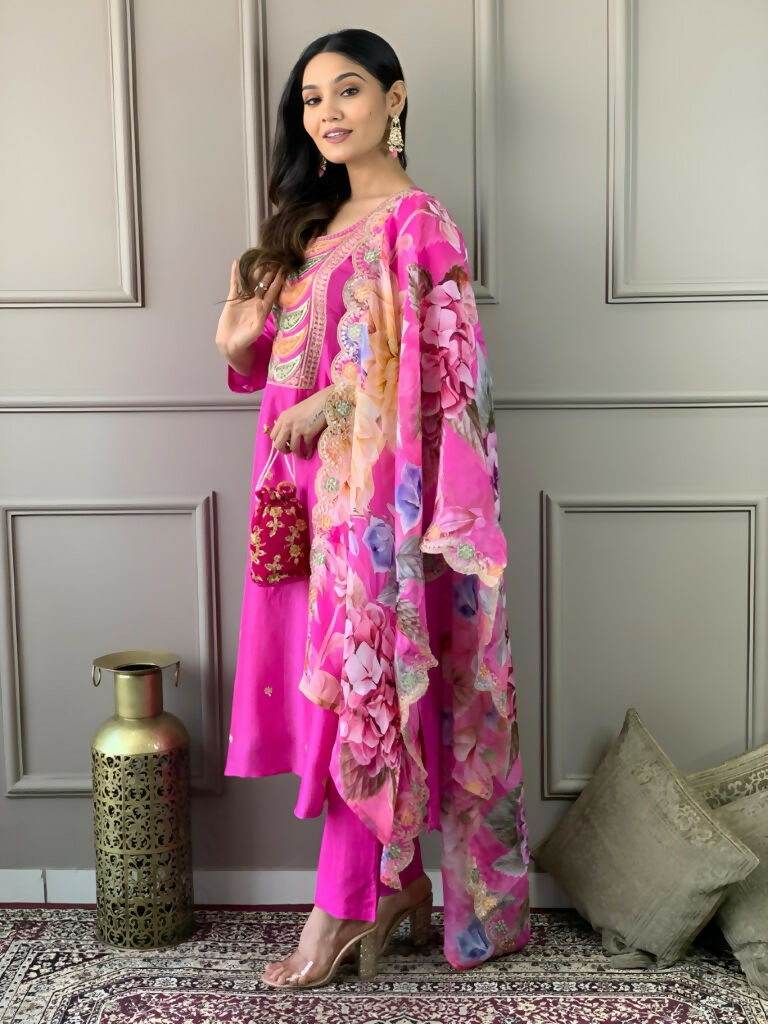 Partywear Designer Viscose Chanderi Pink Stitched Suit With Dupatta - Tanisha