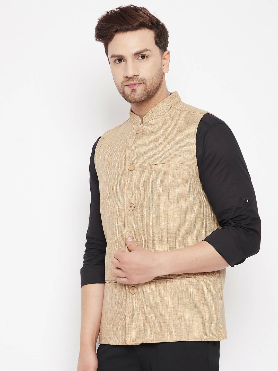 Even Apparels Beige Linen Men Woven Nehru Jacket LN719