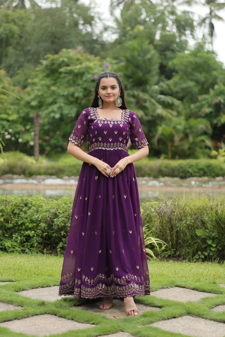 Vastranavya Premium Designer Faux Blooming with Embroidery Zari Sequins work Gown - Purple