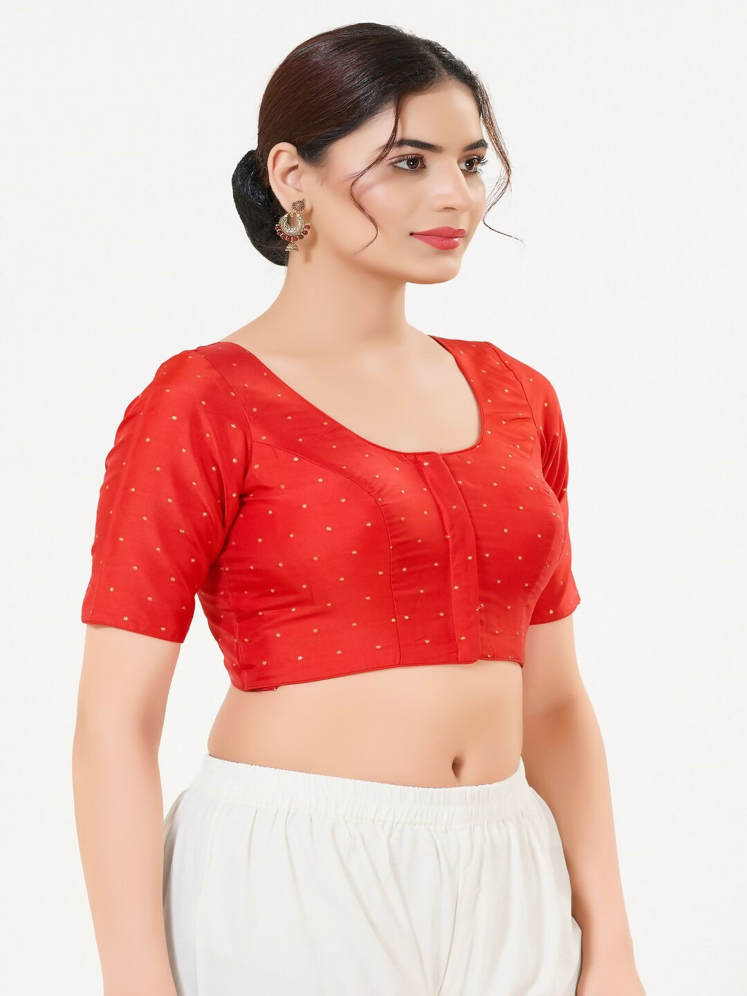 Joban Fashion Red Taffeta Silk Elbow Sleeveless Front Open Blouse