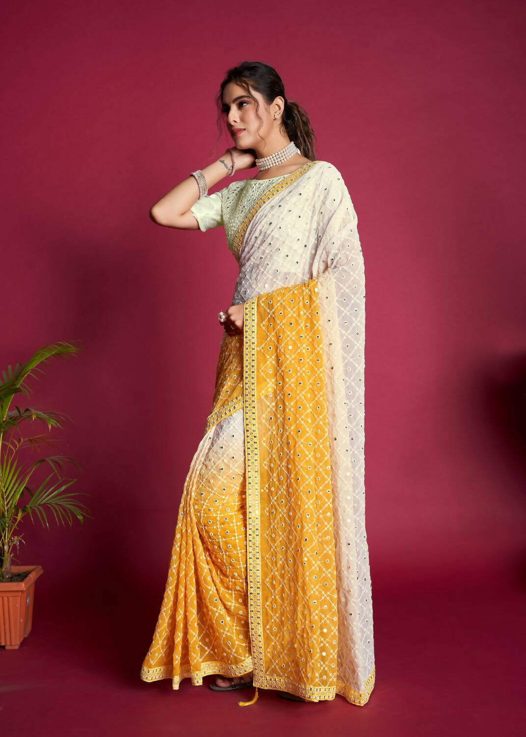 Vamsee Yellow & White Georgette Designer Saree