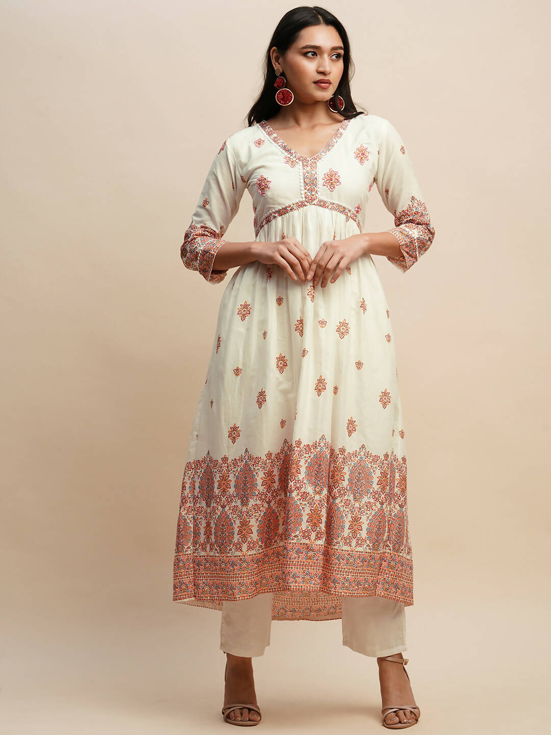 White And Peach Pure Cotton Floral Printed Anarkali Kurta And Bottom With Dupatta - Akashara