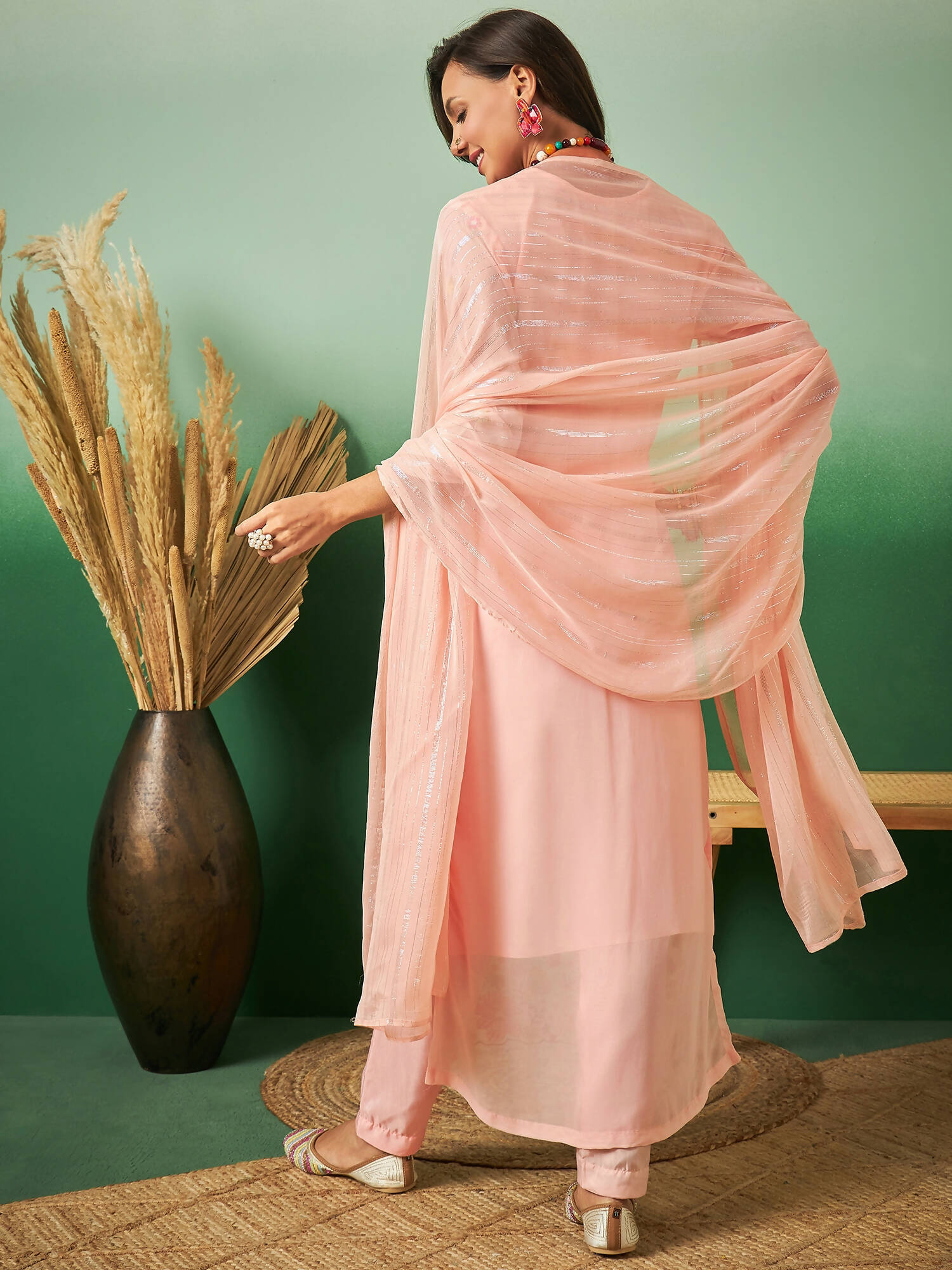 Peach Georgette Handwork Unstitched Dress Material - Hanika