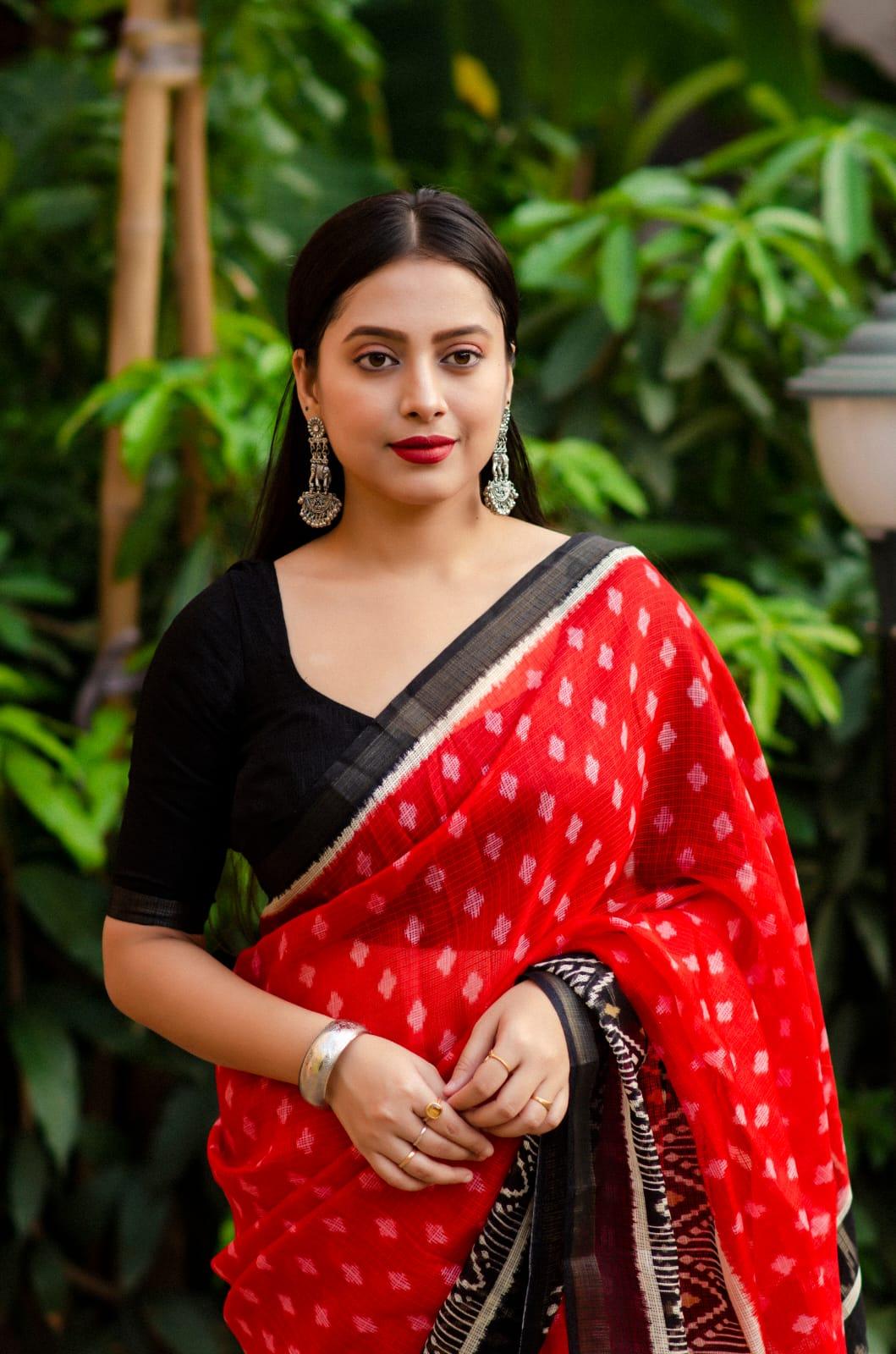 Red Polycotton Ethnic Motifs Saree with Unstitched Blouse - Hiral Fashion