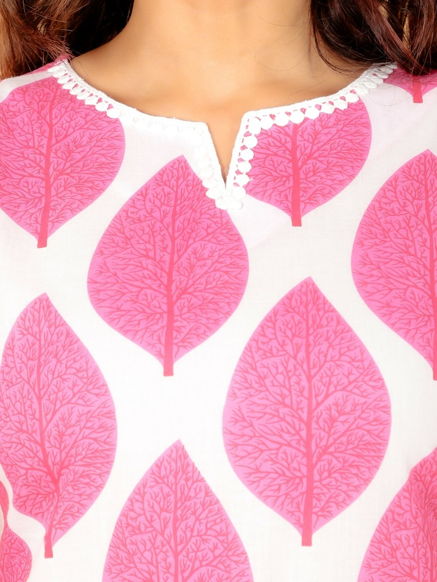 Aramya Straight Soft Cotton Foliage Print Women's Kurta Set - Pink