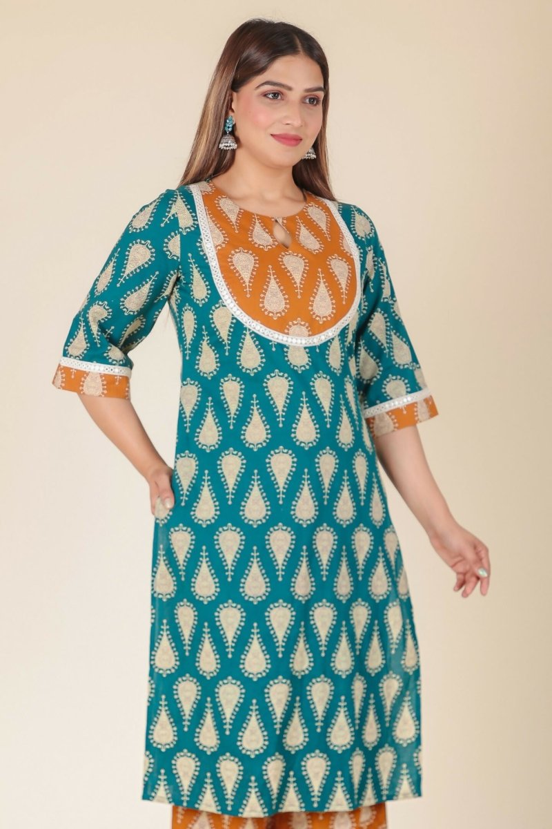 Aramya Turquoise Soft Cotton Floral Straight Kurta for Women