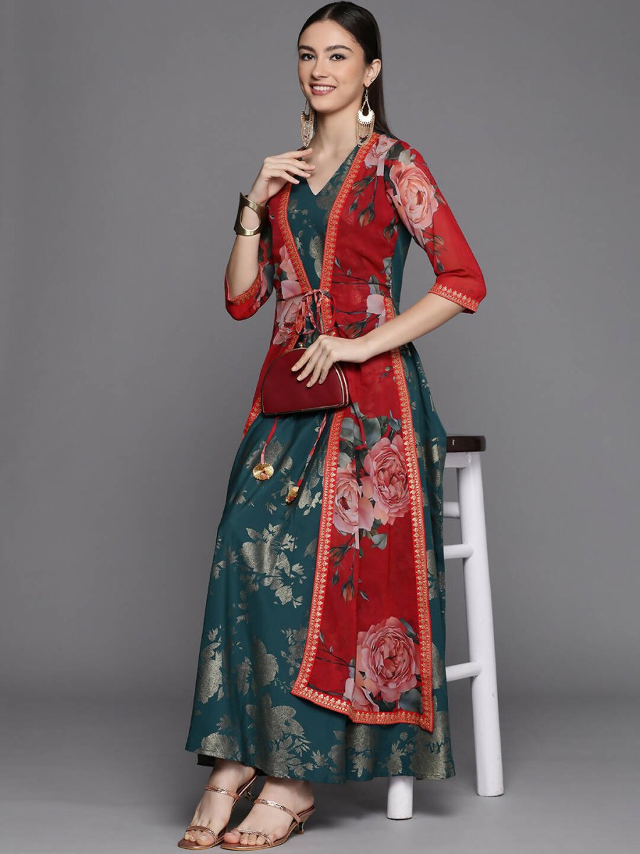 Ahalyaa Women's Green Crepe Gold Smoke Printed Dress